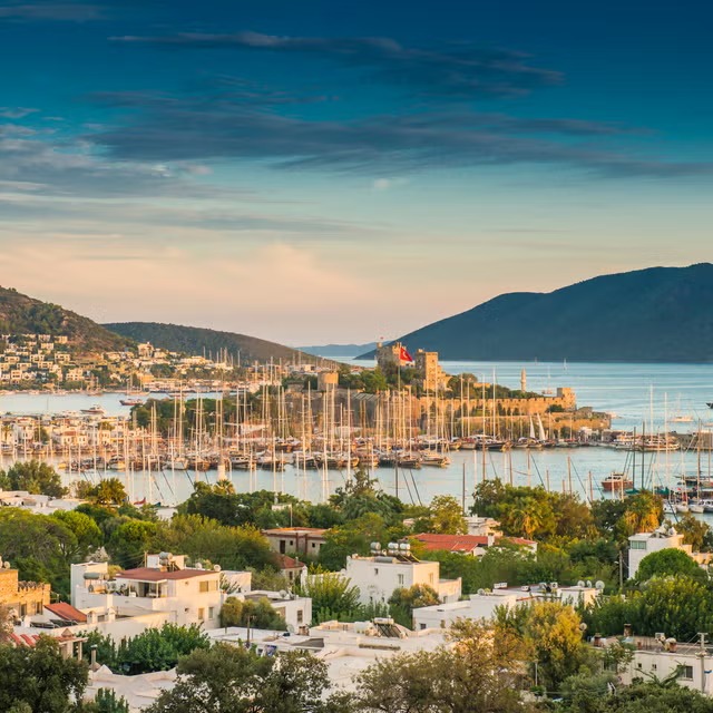 Bodrum marina and castle at sunset