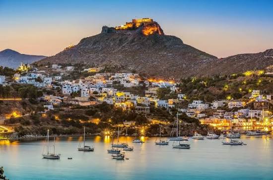 The castle above Leros at dusk